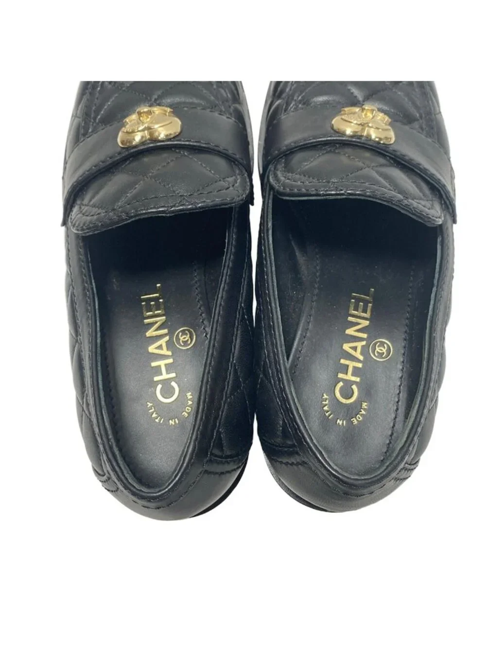 Chanel Loafers Quilted Black Heart Turnlock Gold Platforms